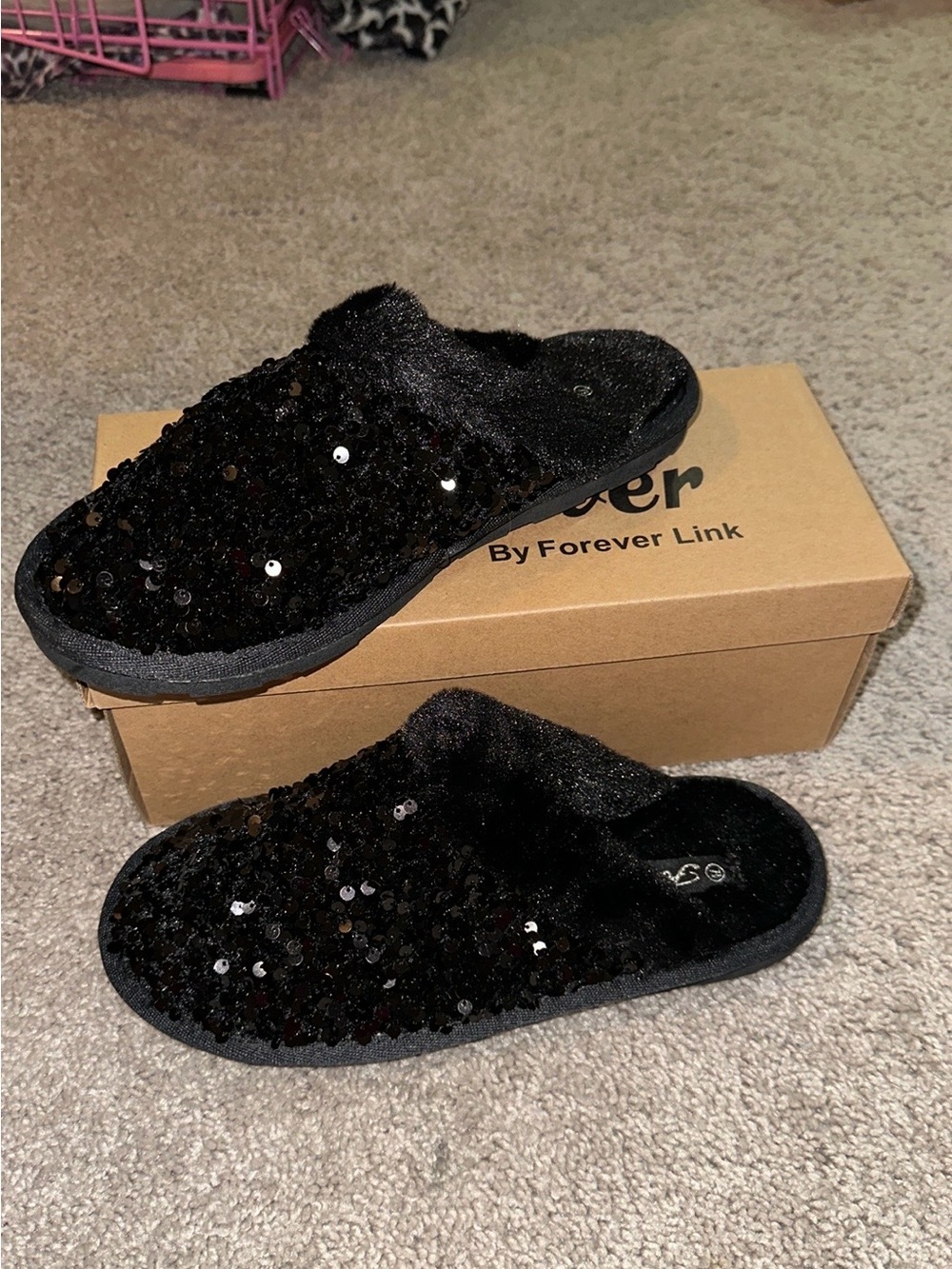 Forever Link Black Sequin Faux-Fur Slip-On Slippers